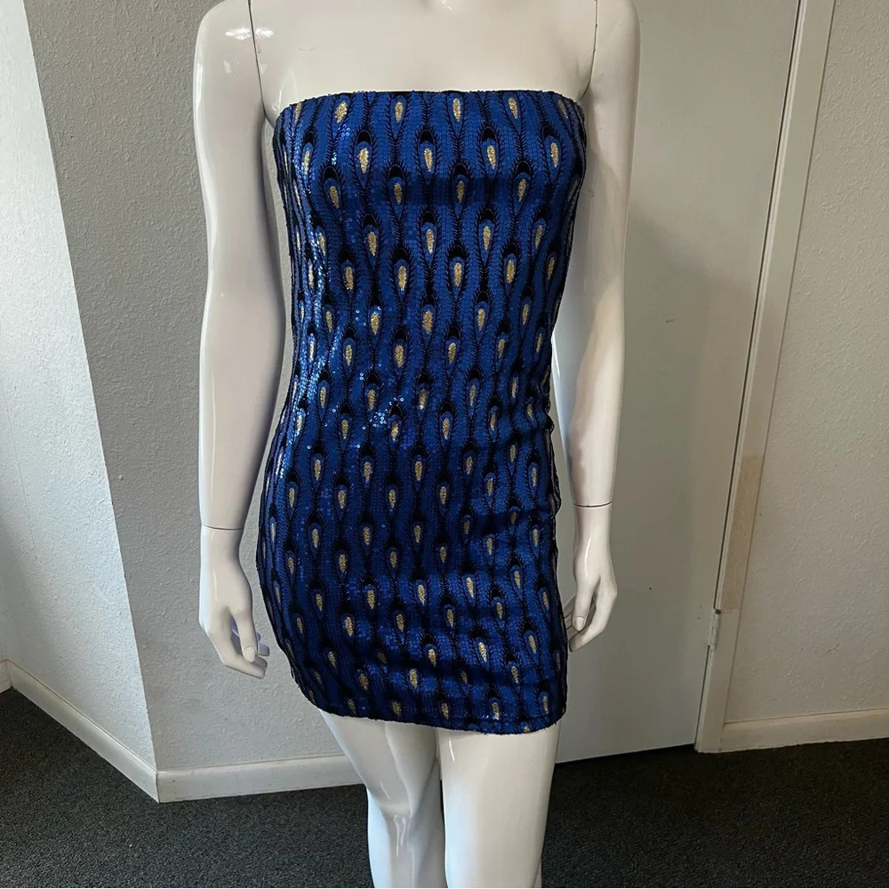 New Peacock Blue Gold Sequin Windsor Mini Dress XS